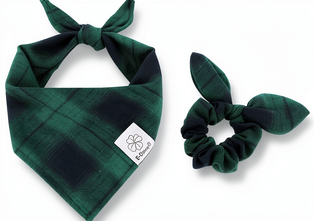 E-Clover dog bandana in plaid design on a happy dog