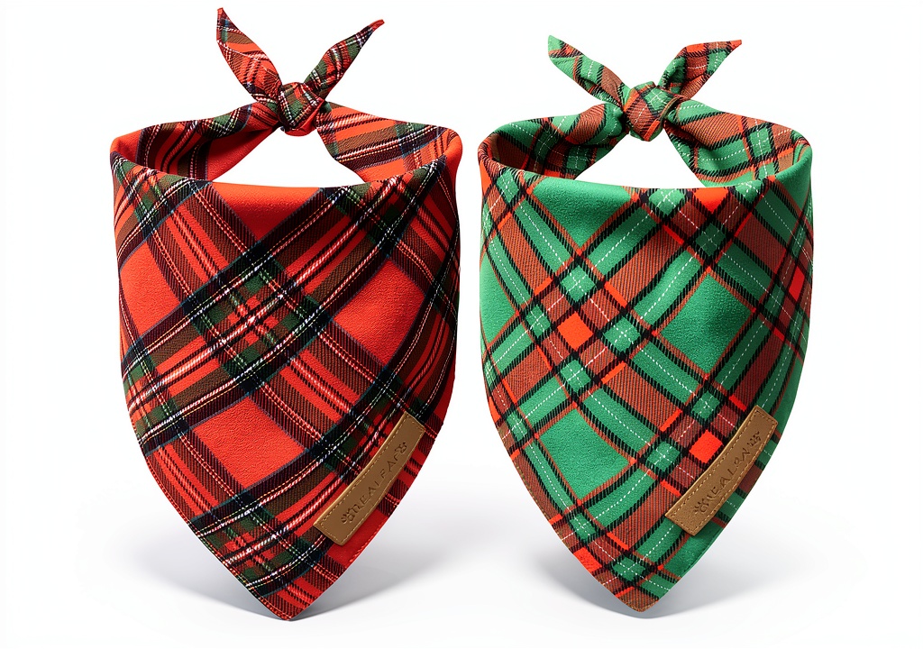 Dog wearing Realeaf Christmas plaid bandana in a holiday setting