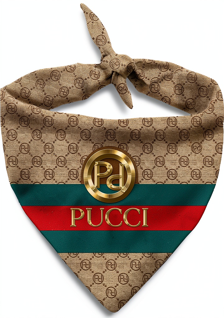 Dog wearing Millionaire Mutt parody bandana in a park