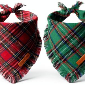 Adoggygo Christmas Dog Bandana Small Red Plaid Tassel with Soft Cotton-0