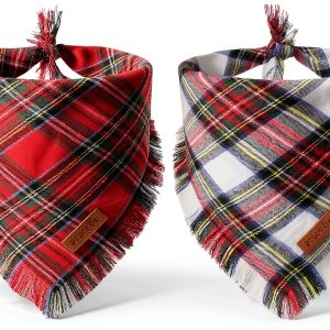 PTDECOR Christmas Dog Bandana Set 2‑Pack Red Plaid Small Large X‑Large-0