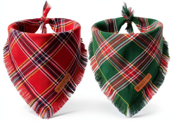 ADOGGYGO Christmas Dog Bandana Set Red Green Plaid with Tassels-0
