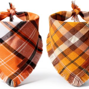 PTDECOR Fall Dog Bandana Small/XL Orange Plaid Tassel 2‑Pack-0