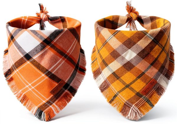 PTDECOR Fall Dog Bandana Small/XL Orange Plaid Tassel 2‑Pack-0