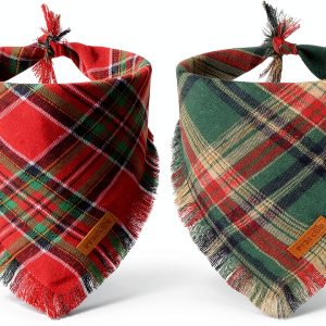 PTDECOR Christmas Dog Bandana Set 2‑Pack Red Green Plaid Tassel Small-0