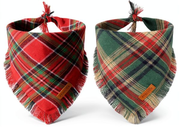 PTDECOR Christmas Dog Bandana Set 2‑Pack Red Green Plaid Tassel Small-0