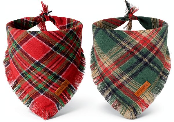 PTDECOR Christmas Dog Bandana 2 Pack Red Green Plaid Tassel-0